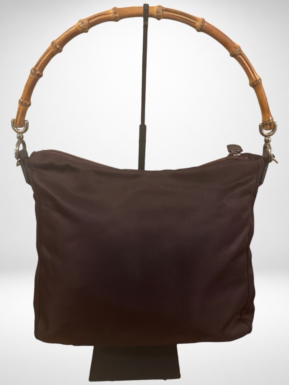 GUCCI Authentic Vintage Eggplant Nylon Bamboo Handle Shoulder Bag Purse Hobo Y2K
